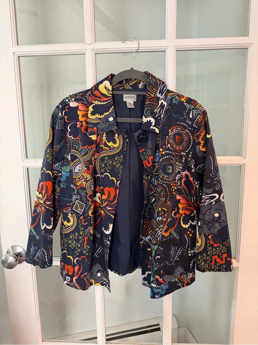 Vintage Chico's Navy Multicolor Floral Mosaic Blazer